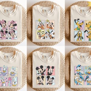 The image is a collage of six t-shirts featuring various Disney characters, including Minnie Mouse, Goofy, Donald Duck, Mickey Mouse, Donald Duck, and Donald Duck.