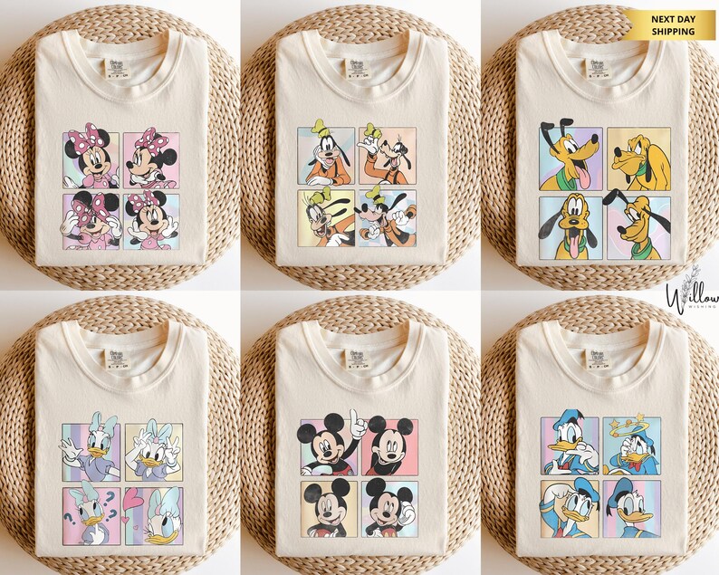 The image is a collage of six t-shirts featuring various Disney characters, including Minnie Mouse, Goofy, Donald Duck, Mickey Mouse, Donald Duck, and Donald Duck.