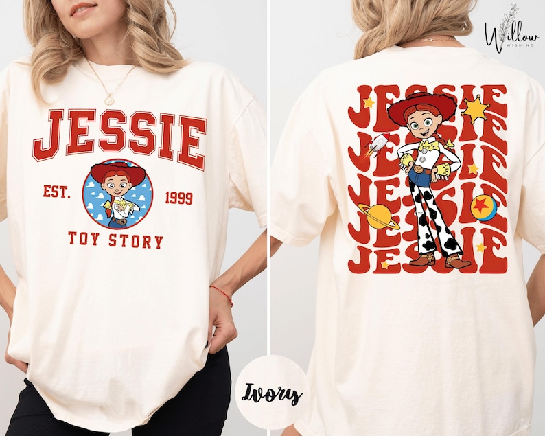 A woman wearing a white t-shirt with a graphic of a character from the Toy Story franchise.