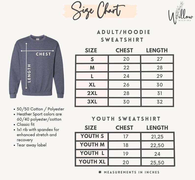 The image is a size chart for an adult/hoodie sweatshirt, providing measurements for chest, length, and size. The chart includes a diagram of the sweatshirt and the corresponding measurements for different sizes.