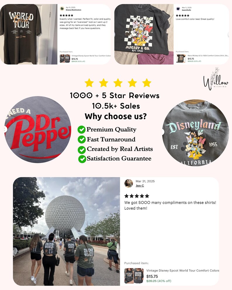 a collage of various Disney-themed merchandise items, including t-shirts, hoodies, and other apparel. The collage includes a t-shirt with a Disney character, a black t-shirt with a Disney logo, and a black t-shirt with a Disney character. The collage also includes a review of a Disney World t-shirt, a review of a Disney World t-shirt with a Mickey Mouse design, and a review of a Disney World t-shirt with a Mickey Mouse design.