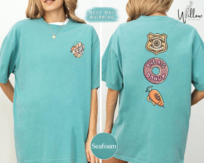 The image is a collage of two photos of a woman wearing a turquoise t-shirt with various cartoon-style designs and text on the back.