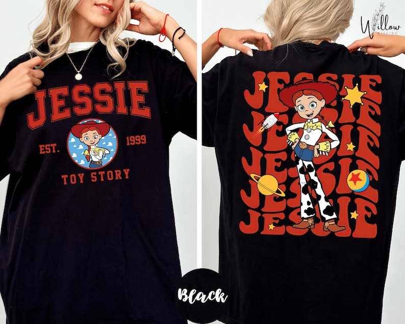 a woman wearing a black t-shirt with a design of a character from the Toy Story franchise.