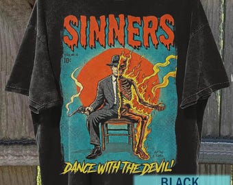 Camiseta Comfort Colors Sinners de Ryan Coogler, camiseta gráfica de la película "Sinners Dancing With The Devil": camiseta gráfica vintage, película de terror