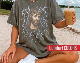 Retro 90s Comfort Colors Jesus Lightning Shirt, Vintage Religious Streetwear T-Shirt, Christian Gifts Shirt, Gift For Man And Woman