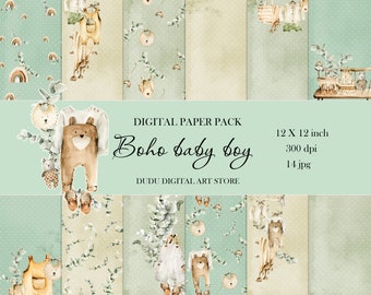 Boho Baby boy Digital Paper Set, Baby boy Imprimible Scrapbook Pack, Paquete de papel digital