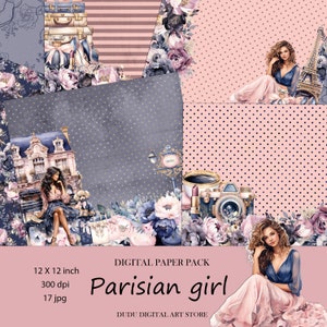Conjunto de papel de chica parisina, páginas de álbum de recortes imprimibles, paquete de papel digital de París