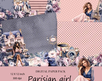 May include: Digital paper pack with 17 Parisian-themed designs. The pack includes images of a woman in a blue dress, a Parisian building, a coffee cup, a camera, and flowers. The designs are in shades of pink, blue, and gray.