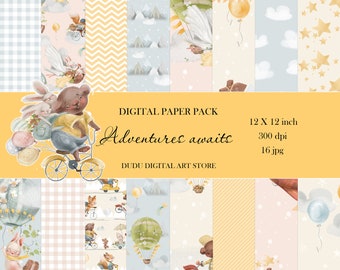 Digital Paper pack for boys, Animals Digital Paper Set,  Printable Scrapbook Pack