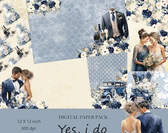 Puede incluir: Un paquete de papel digital con temática de boda. El diseño incluye ilustraciones de parejas, flores, un coche antiguo y un traje. Se muestra el texto "Yes, i do". El papel mide 30,48 x 30,48 cm.