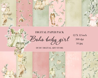 Digital Paper pack, Boho Girl Digital Paper Set, Girl Printable Scrapbook Pack