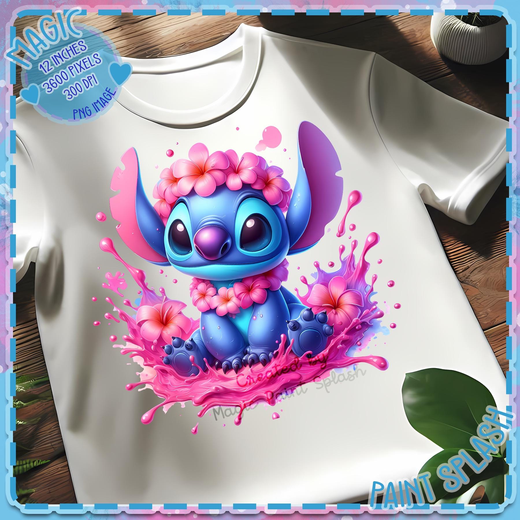 ピンクのレイをつけたスティッチのクリップアート：ハワイアン