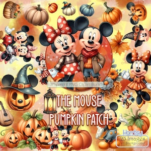 Set di clipart Pumpkin Patch di Topolino, estetica autunnale e autunnale, immagini trasparenti, download digitale, pacchetti di clipart, mouse di Halloween