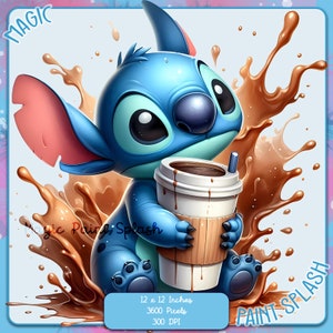 Salpicaduras de acuarela de café de Stitch, imágenes prediseñadas, gráficos y obras de arte, estética de arcoíris, imágenes PNG de personajes lindos