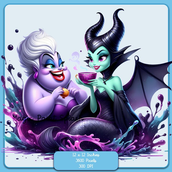 Ursula and Maleficent Watercolor Splash, Clipart Images, Graphics and Artwork, Rainbow Aesthetic, PNG Cute Queen and Villain Images