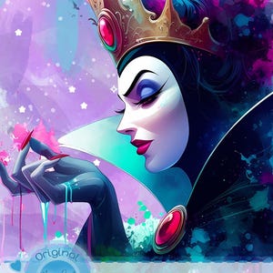 May include: A digital art print of a woman with a gold crown and a black cape. The woman has pale skin, dark eye makeup, and red lipstick. The background is a watercolor splash of purple, pink, and blue. The image has the text "Original Magic Paint Splash Designer".