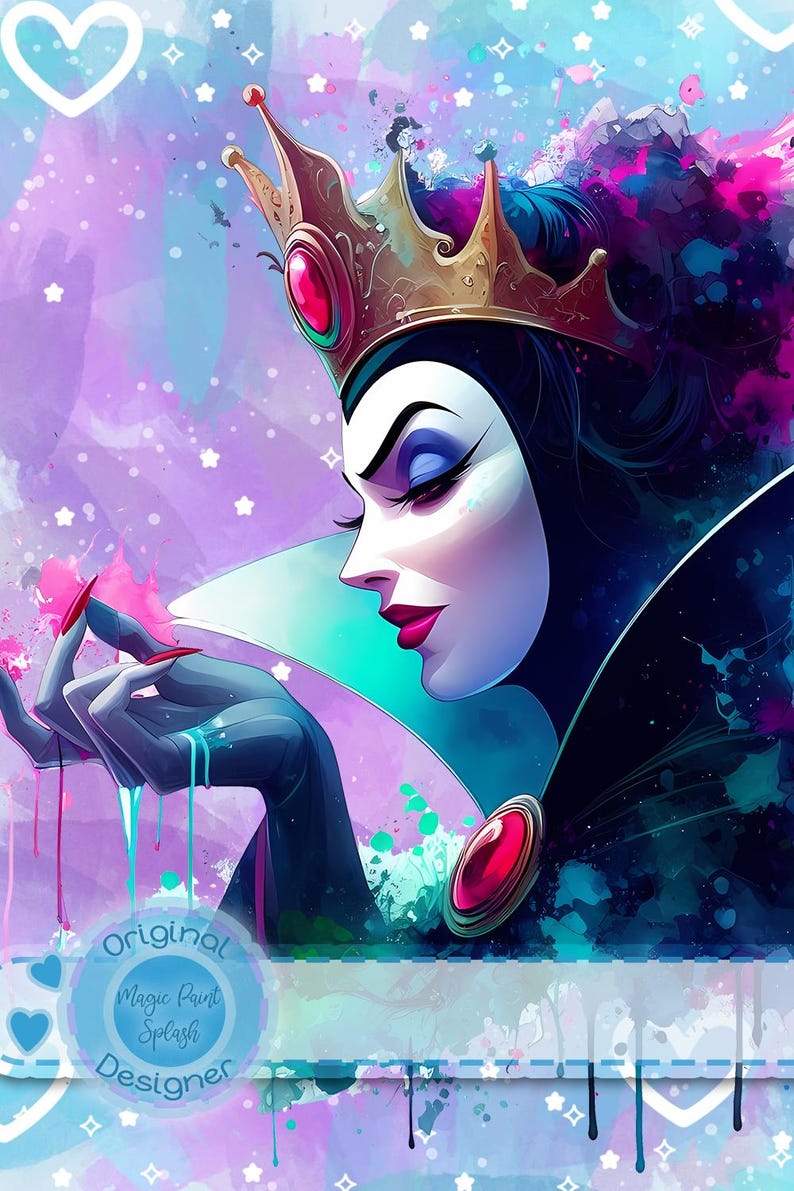 May include: A digital art print of a woman with a gold crown and a black cape. The woman has pale skin, dark eye makeup, and red lipstick. The background is a watercolor splash of purple, pink, and blue. The image has the text "Original Magic Paint Splash Designer".