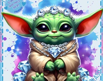 Grogu Diamonds Watercolor Clipart: Rainbow Splash, Galaxy Wars PNG (Digital Download)