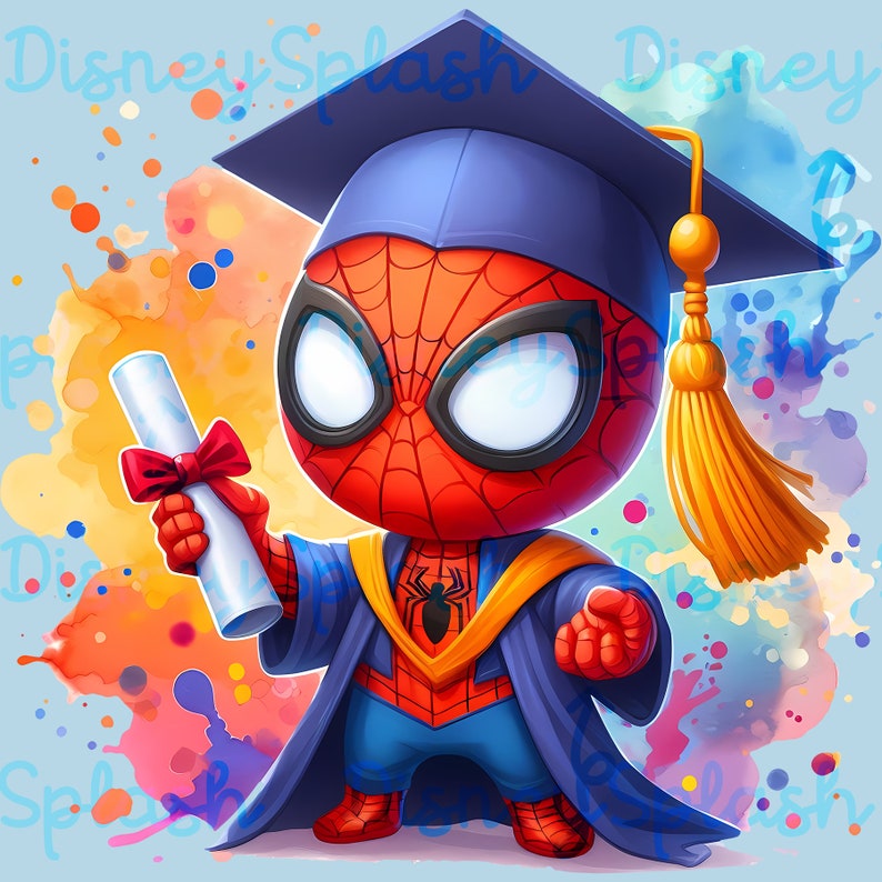 May include: A cartoon illustration of Spiderman wearing a blue graduation gown and cap. He is holding a diploma in one hand and pointing with the other. The background is a watercolor wash of blue, yellow, orange, and red.