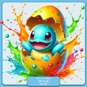 May include: A blue and green cartoon turtle character hatching from a yellow and orange speckled egg. The egg is surrounded by colorful paint splatters.