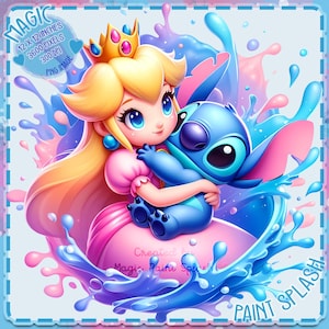 Peach und Stitch Aquarell Splash, Clipart-Bilder, Grafiken und Kunstwerke, Regenbogen Ästhetik, PNG süße Charakterbilder