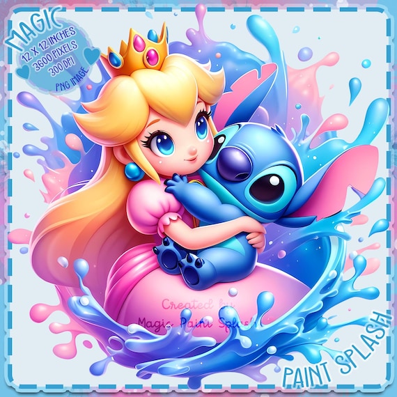 Princess Peach and Stitch Clipart: Watercolor Splash (PNG Digital