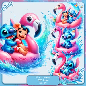4 Lilo and Stitch Flamingo Floatie Watercolor Splash, immagini clipart, grafica e opere d’arte, arcobaleno estetico, bundle di clipart