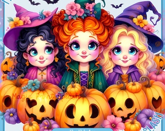 Sanderson Sisters Halloween PNG: Watercolor Pumpkins Clipart (Digital Download)
