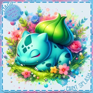 May include: A digital illustration of a green and blue cartoon creature sleeping in a bed of pink, yellow, and white flowers. The background is a light blue watercolor wash with white paint splatters.