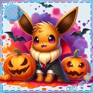 May include: A cartoon Eevee dressed as a vampire with a red cape and a black suit, standing in front of two jack-o'-lantern pumpkins. The background is a watercolour wash of purple, pink, and blue with bats flying around.