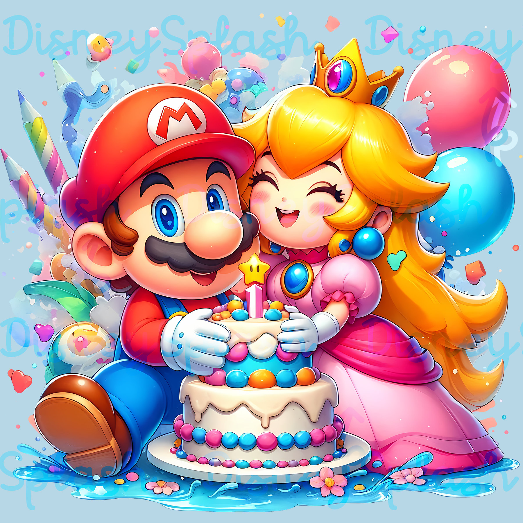 マリオとピーチの誕生日クリップアート：レインボーゲームPNG画像