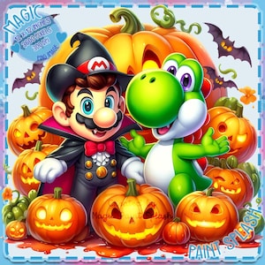 Mario und Yoshi Halloween Aquarell Splash, Clipart-Bilder, Grafiken und Kunstwerke, Regenbogenästhetik, PNG Gaming Bilder