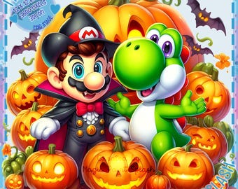 マリオとヨッシーのハロウィン水彩PNG画像（デジタルダウンロード
