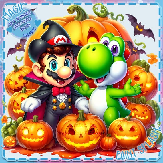 マリオとヨッシーのハロウィン水彩PNG画像（デジタルダウンロード