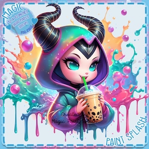 Maleficent Trink Boba Aquarell Splash, Clipart Bilder, Grafiken und Kunstwerke, Regenbogen Ästhetik, PNG Niedlicher kleiner Bösewicht