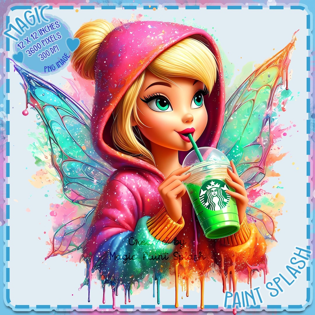 Tinkerbell Starbucks Clipart: Watercolor Rainbow PNG (digital