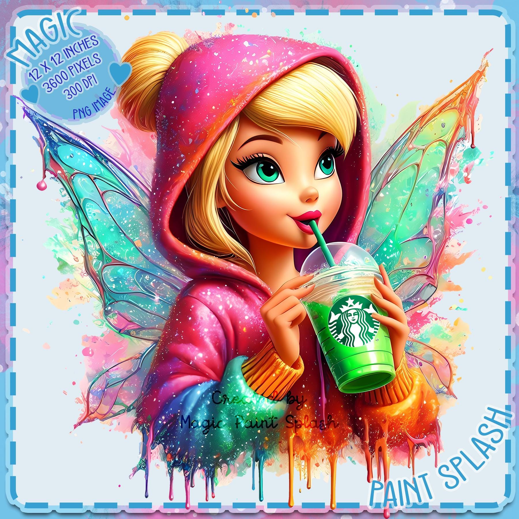 Tinkerbell Starbucks Clipart: Watercolor Rainbow PNG (digital