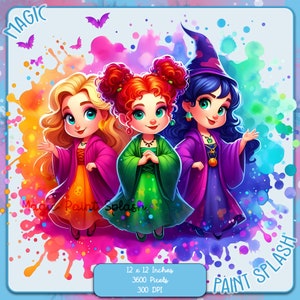 Könnte beinhalten: Drei Comic-Hexen mit bunten Roben und Hüten stehen vor einem bunten Aquarellhintergrund. Der Text "MAGIC PAINT SPLASH" ist im Bild sichtbar.