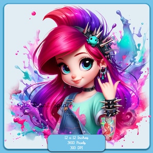 Ariel Punk Rock Aquarell Splash, Clipart-Bilder, Grafiken und Kunstwerke, Regenbogen Ästhetik, PNG süße Prinzessin Bilder