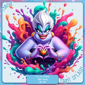May include: A digital illustration of Ursula from The Little Mermaid, with a purple and blue skin tone, wearing a black top and a gold necklace. She is making a heart shape with her hands, surrounded by colourful paint splatters. The text "MAGIC PAINT SPLASH" is visible in the image.