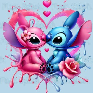 Stitch and Angel Heart Watercolor PNG, Clipart Images, Rainbow