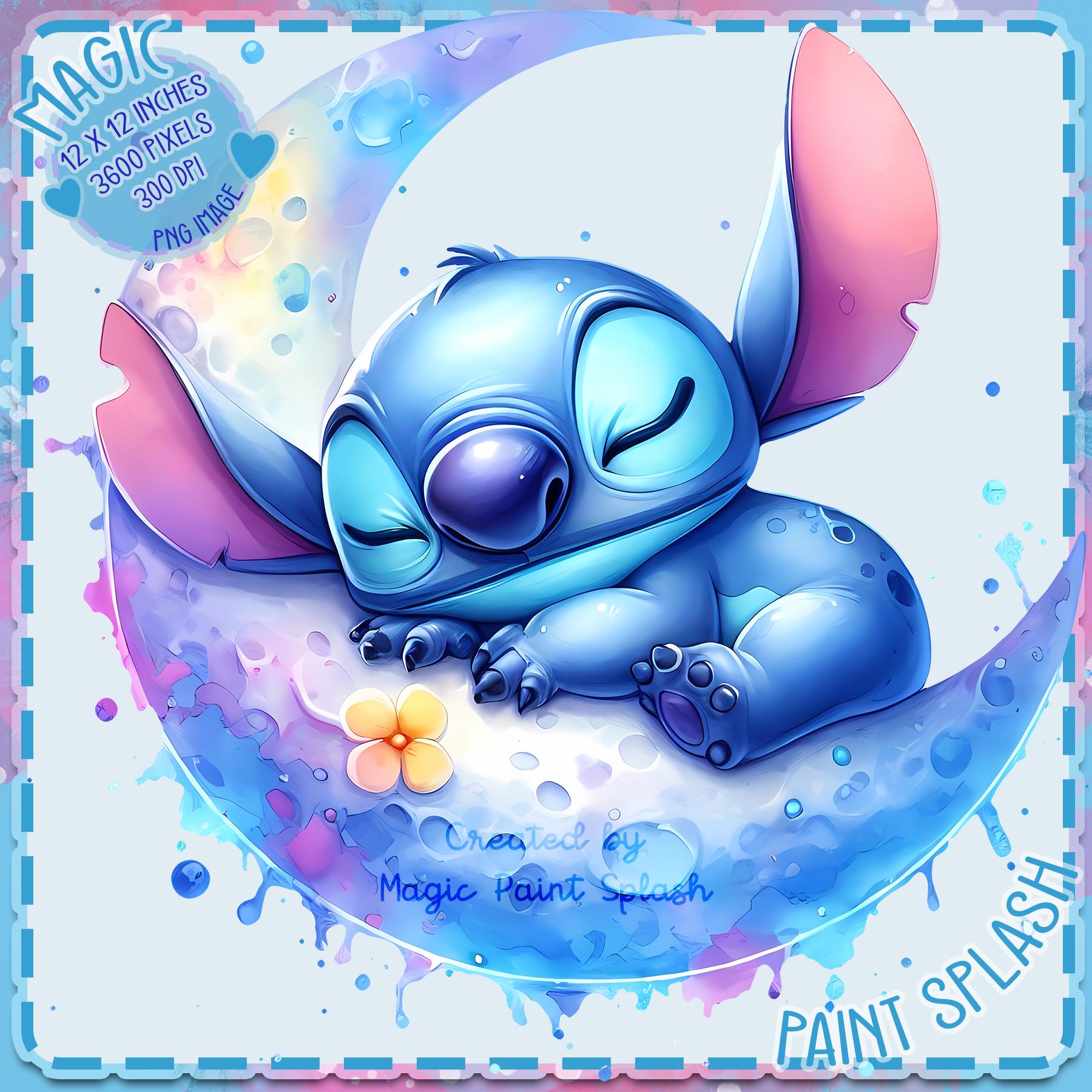 Stitch on Moon Clipart: Watercolor PNG Image (Digital Download)