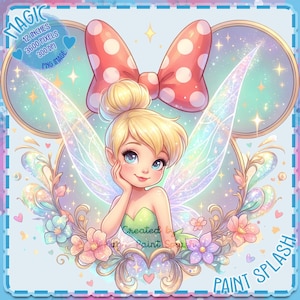 Op de afbeelding: Een digitale illustratie van een fee met blond haar en blauwe ogen, gekleed in een groene jurk, en omringd door bloemen en een strik. De afbeelding bevat de tekst "MAGIC", "12 INCHES", "PAINT SPLASH" en "PNG IMAGE".