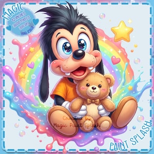 May include: A cartoon illustration of a dog-like character in an orange shirt holding a teddy bear, set against a rainbow and colorful paint splash. The image includes text that says "MAGIC", "12 INCHES", "3600 PIXELS", "300 DPI", "PNG IMAGE", "Created by Magic Paint Splash", and "PAINT SPLASH".
