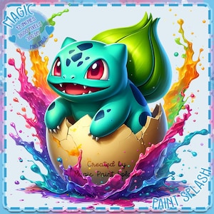 May include: A cartoon illustration of a green and blue Pokemon character hatching from an egg. The egg is surrounded by colorful paint splatters in shades of pink, purple, orange, and blue.