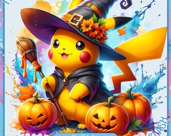 ハロウィン ピカチュウ 魔女 PNG: 水彩クリップアート (デジタル
