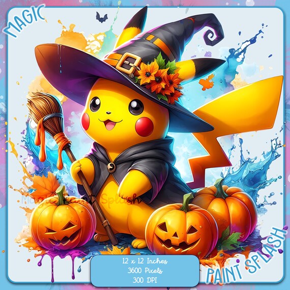 ハロウィン ピカチュウ 魔女 PNG: 水彩クリップアート (デジタル