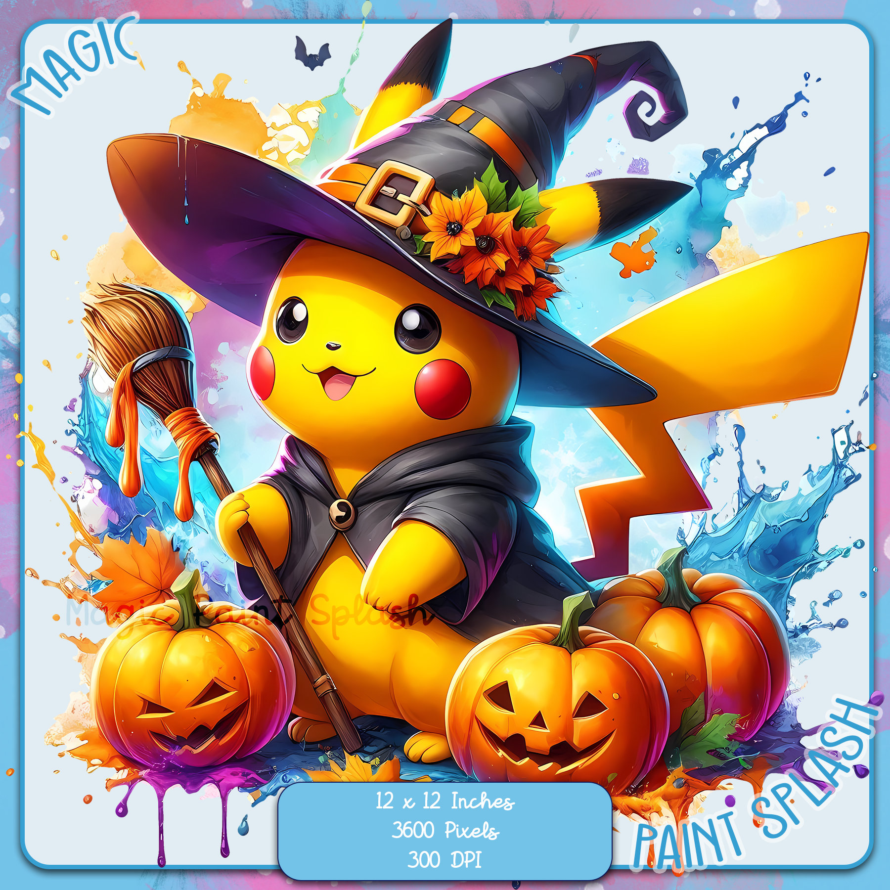 ハロウィン ピカチュウ 魔女 PNG: 水彩クリップアート (デジタル