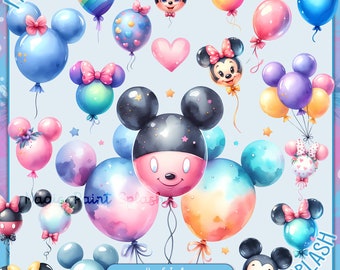 May include: A set of 20 digital clipart images featuring Mickey Mouse and Minnie Mouse characters in balloon form. The balloons are in various colors, including pink, blue, yellow, and rainbow. The images are perfect for creating party invitations, scrapbook pages, and other craft projects.