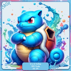 Puede incluir: Un personaje de tortuga de dibujos animados azul y marrón con un caparazón blanco, de pie sobre un fondo de salpicaduras de pintura de colores. El texto "MAGIC" está en la esquina superior izquierda y "Paint Splash" está en la esquina inferior izquierda. La imagen mide 12 pulgadas por 12 pulgadas, 3600 píxeles y 300 DPI.